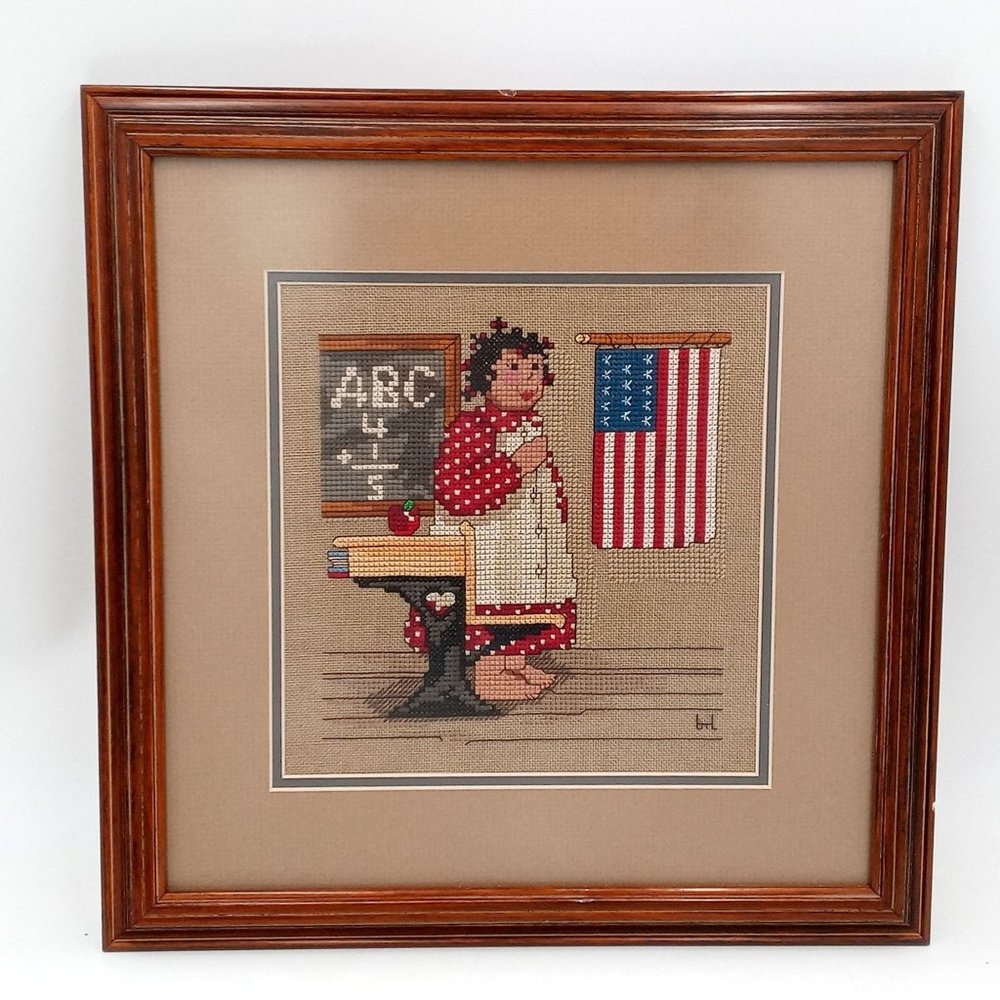 Prim School Room Framed Cross Stitch Art Americana USA Flag Desk Grandmacore Wal